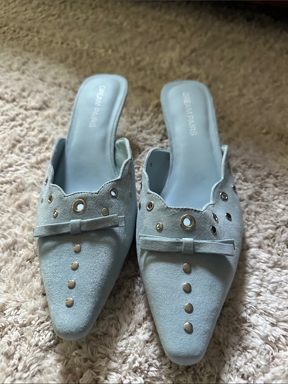 Dream Pairs Pale Blue Suede Slip-On Mules with Gold Studs